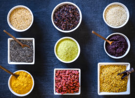 Different healthy grain foods in bowls